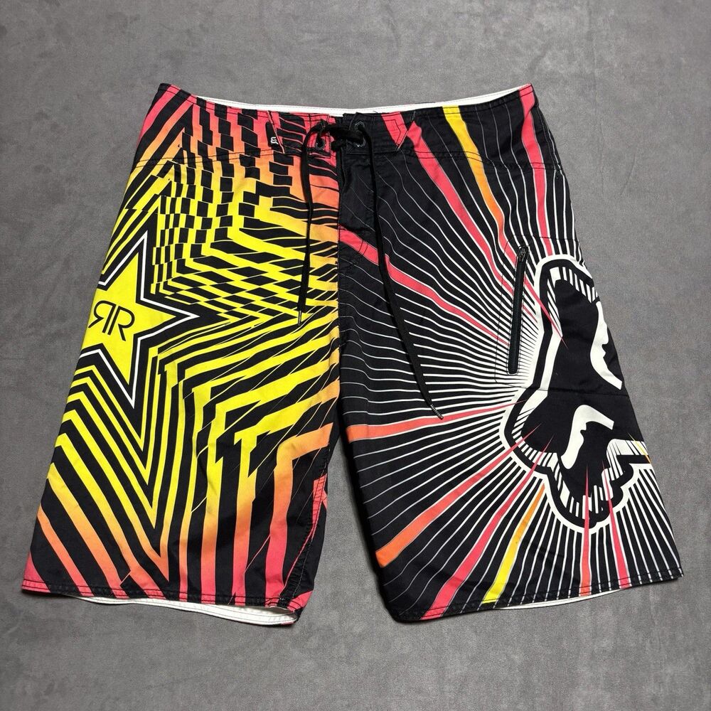 Fox Racing x Rockstar Energy Board Shorts Mens 36 Swim Trunks Y2K Graphic Surf